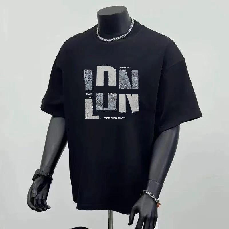 短袖恤男2025夏季新款美式潮牌休闲宽松青年五分袖圆领痞帅上衣