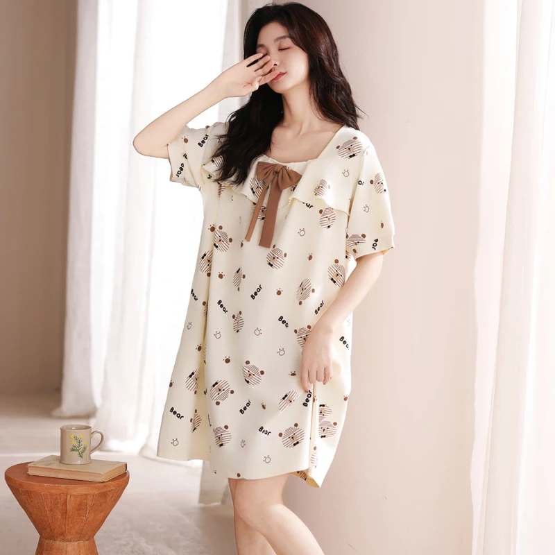 睡衣女夏季纯棉短袖娃娃领性感睡裙女可爱卡通中长裙带胸垫家居服