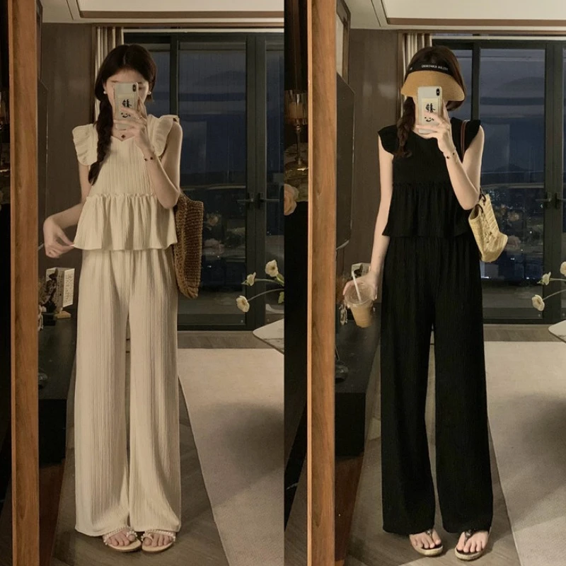 9983时尚套装女夏季飞飞袖短款宽松上衣胖MM直筒阔腿休闲裤两件套