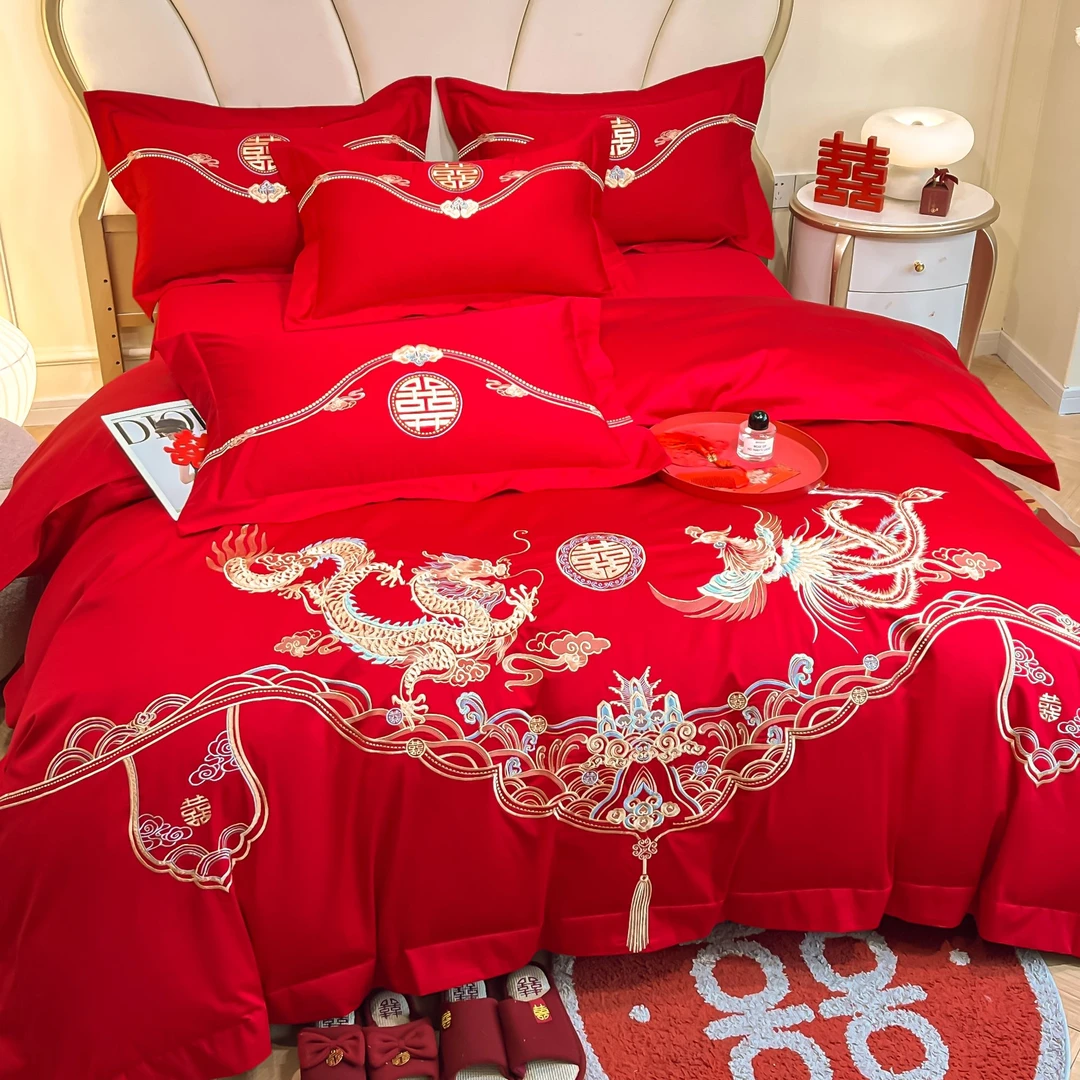 婚庆新中式四件套大红色纯棉婚房陪嫁结婚绣花喜庆床上用品