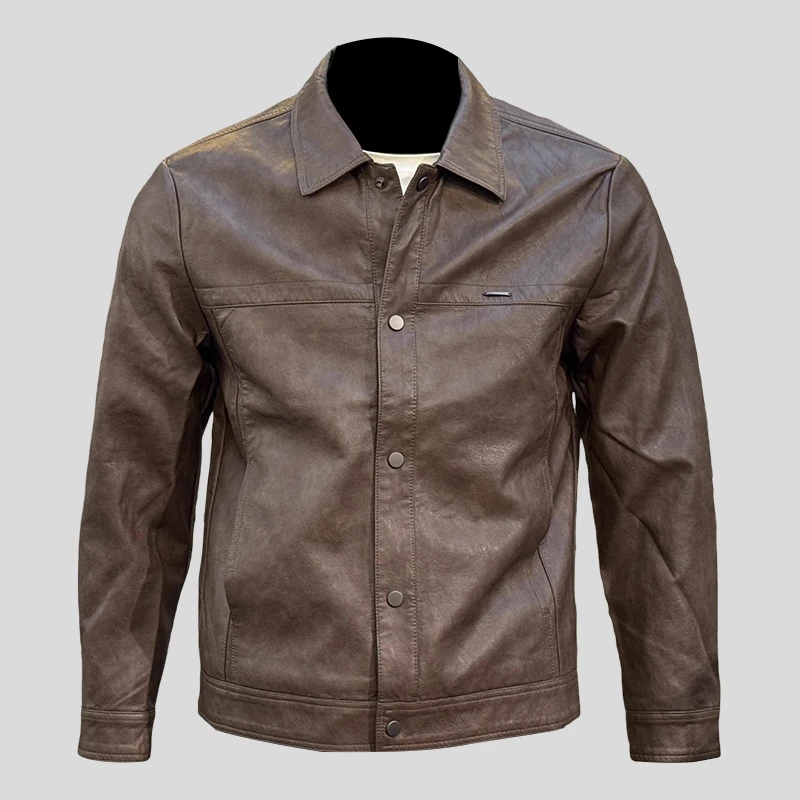 ohmmayby机车外套PU暗扣皮衣男式春秋季黑色上衣修身翻领皮夹克