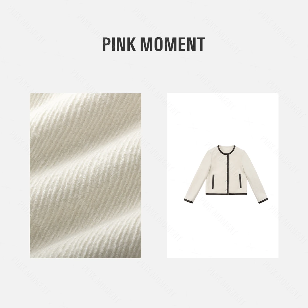 PM王囡囡 米白色圆领绵羊毛排扣撞色拼边外套 ND1C1326