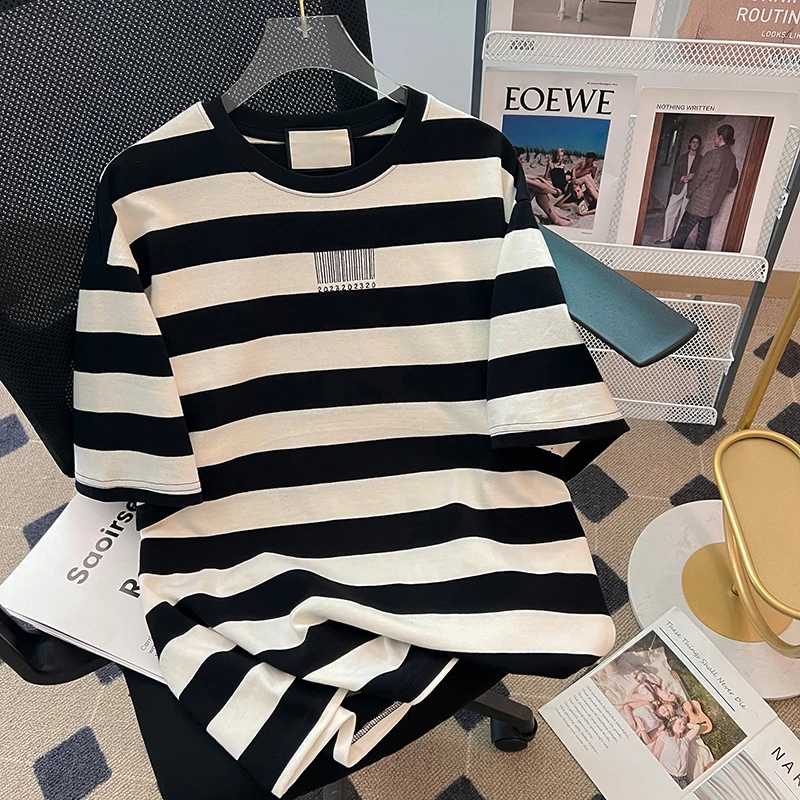 小众设计感黑白条纹短袖T恤男款夏季新款宽松日系cityboy半袖上衣