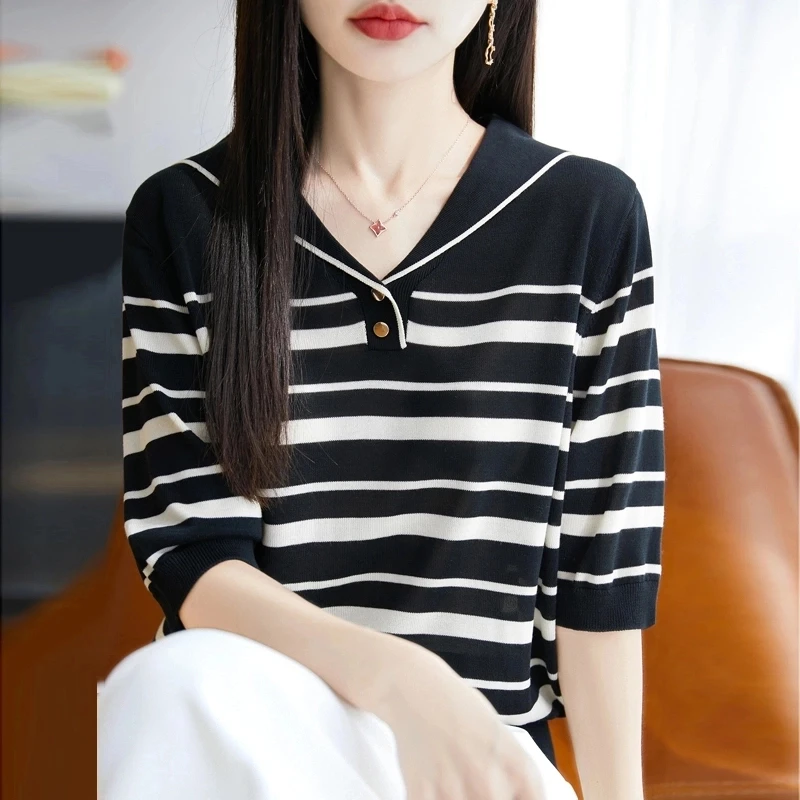 海军领短袖t恤女夏季2025新款打底衫洋气特大码女装