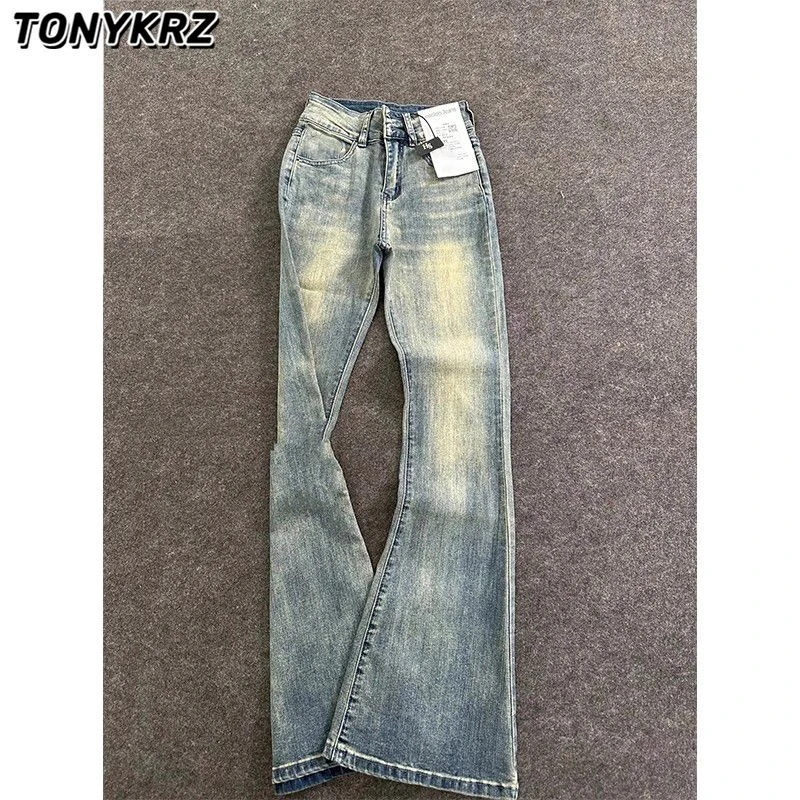 TONYKRZ高腰复古蓝水洗牛仔裤男美式高街vibe裤子直筒弯刀微喇裤
