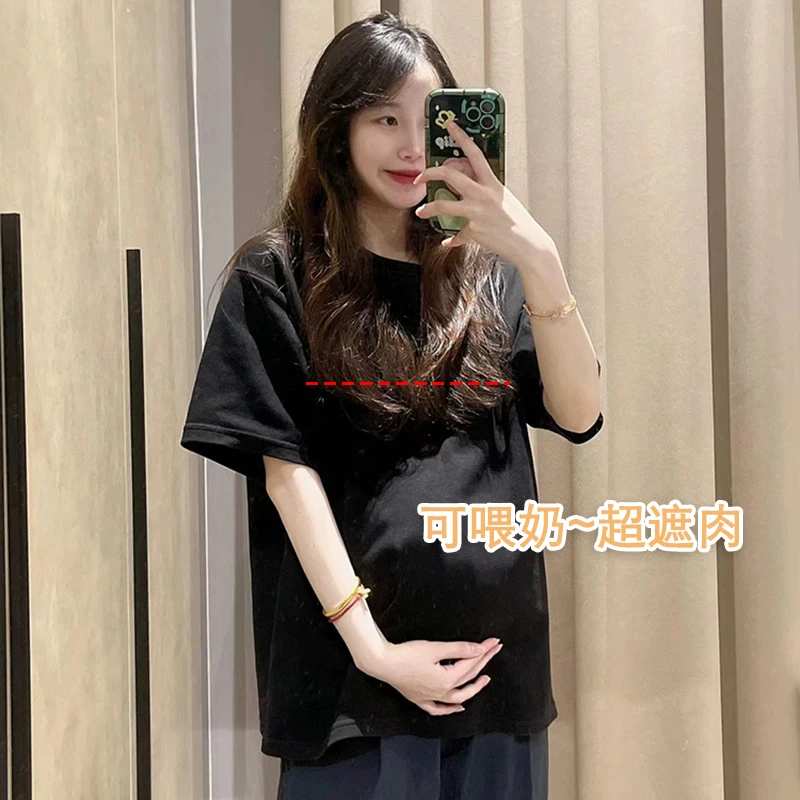 纯棉孕妇哺乳装t恤百搭简约韩版中长款短袖上衣产后喂奶衣外出服