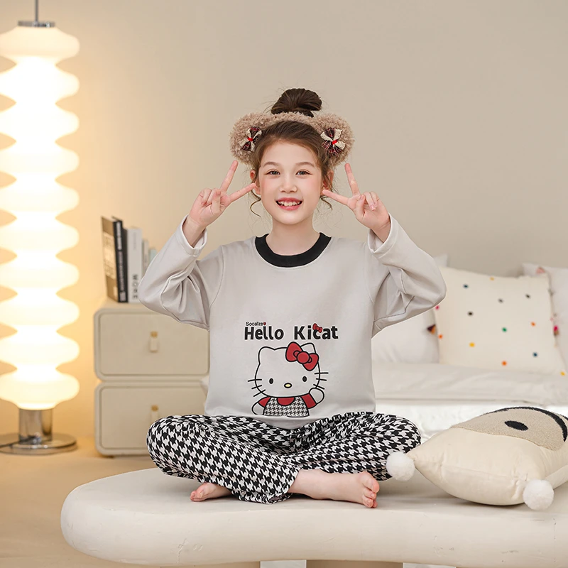 2025新款秋季长袖女童睡衣卡通HelloKitty大童女孩家居服秋款套装