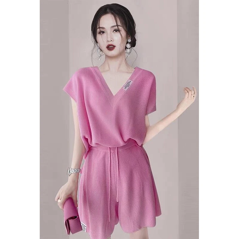 【4750人收藏】2025夏季休闲小个子气质V领短裤针织套装时尚宽松慵