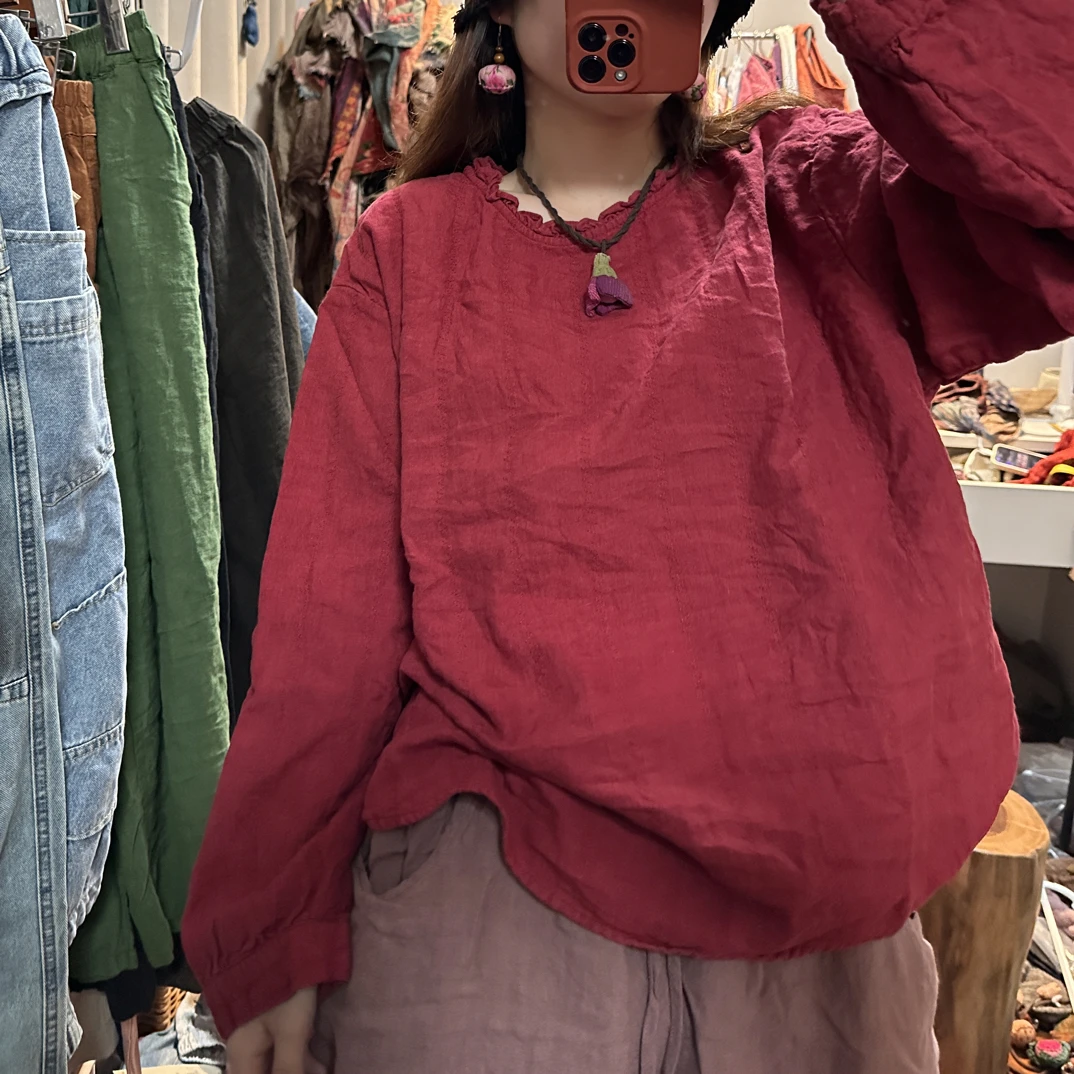 妞妞 新款双层秋冬砂洗亚麻木耳领减龄百搭长袖套头衫