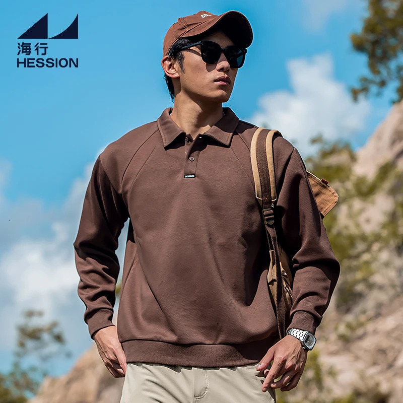 海行咖啡色老钱风针织polo衫卫衣男秋季美式复古休闲通勤翻领外套
