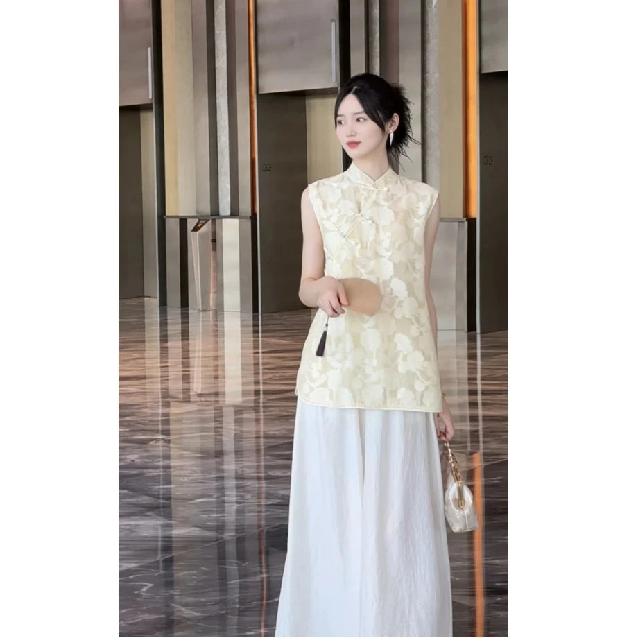 2025夏季新中式国风提花无袖中长款上衣+阔腿裤夏季清凉感两件套