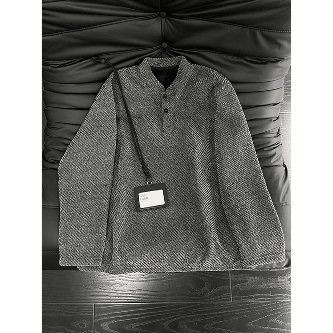 亨利领提花条纹T恤男款秋冬加绒加厚休闲长袖卫衣内搭打底衫上衣