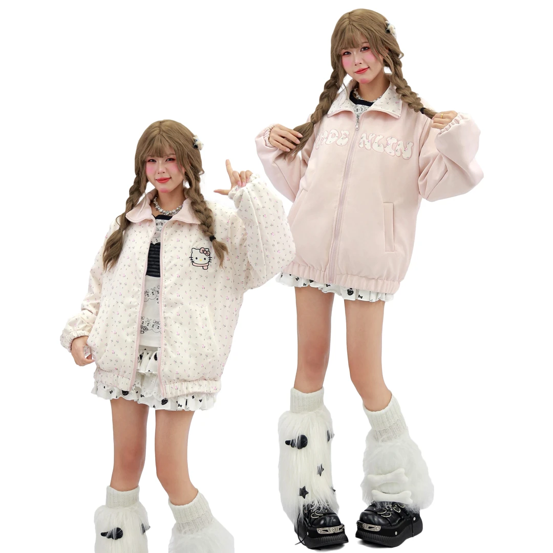 【甜蜜暴击】双面穿粉色kitty小碎花口袋女翻领短外套春秋宽松外套