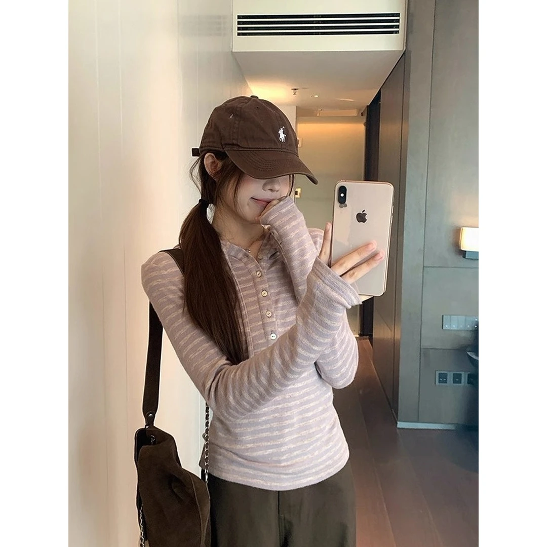 【双面绒】少女感纽扣设计感加绒慵懒风长袖拼接秋季连帽T恤修身