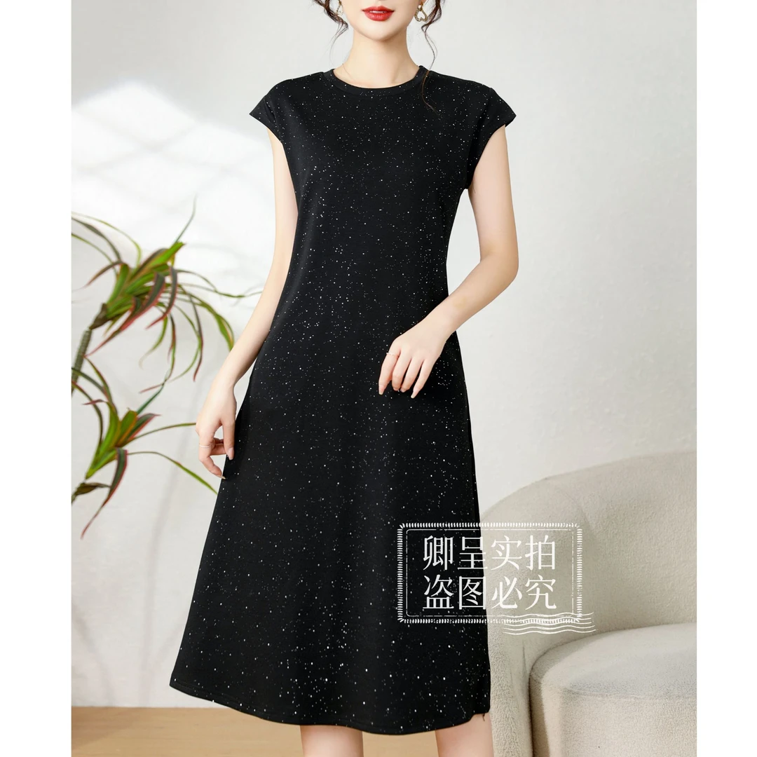 Y1143亮钻短袖连衣裙夏装空气棉黑色修身裙年轻高贵气质显瘦裙子
