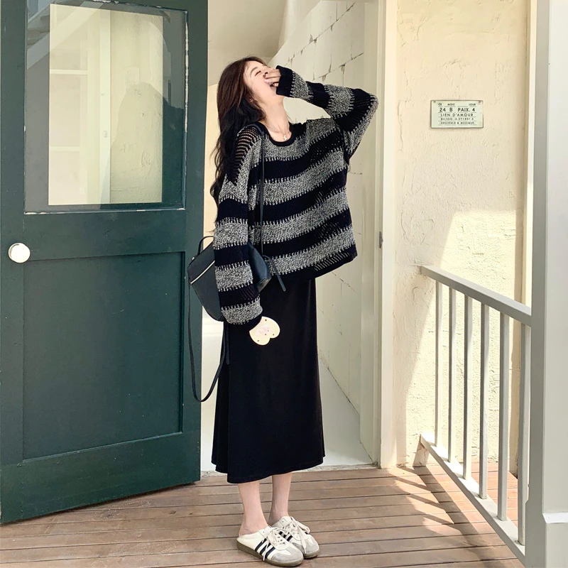 韩系松弛感条纹毛衣吊带裙2025春秋新款高级感简约通勤慵懒风套装