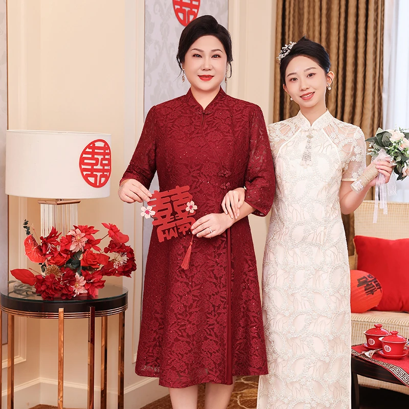 十月结婚中年喜妈妈婚宴装蕾丝秋款订婚礼服喜婆婆晚宴喜服连衣裙