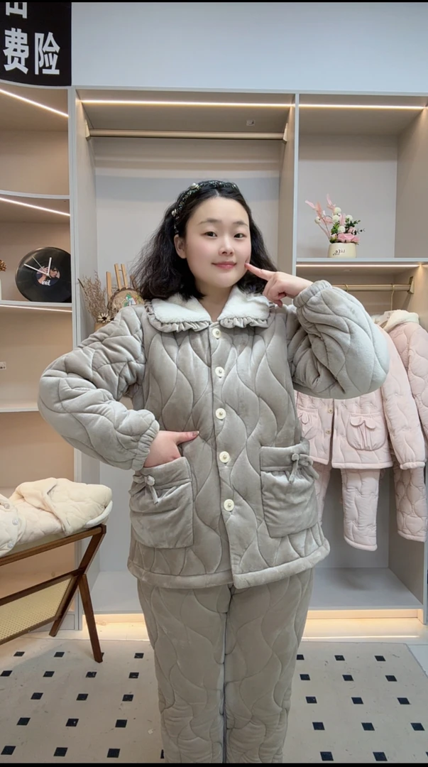 2025冬季新款三层夹棉加厚保暖时尚气质可外穿家居服套装女士睡衣