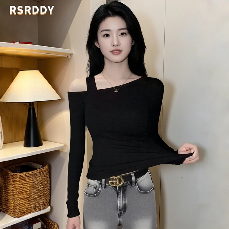 RSRDDY一字肩露肩长袖t恤女打底衫早秋新款气质洋气斜肩修身上衣