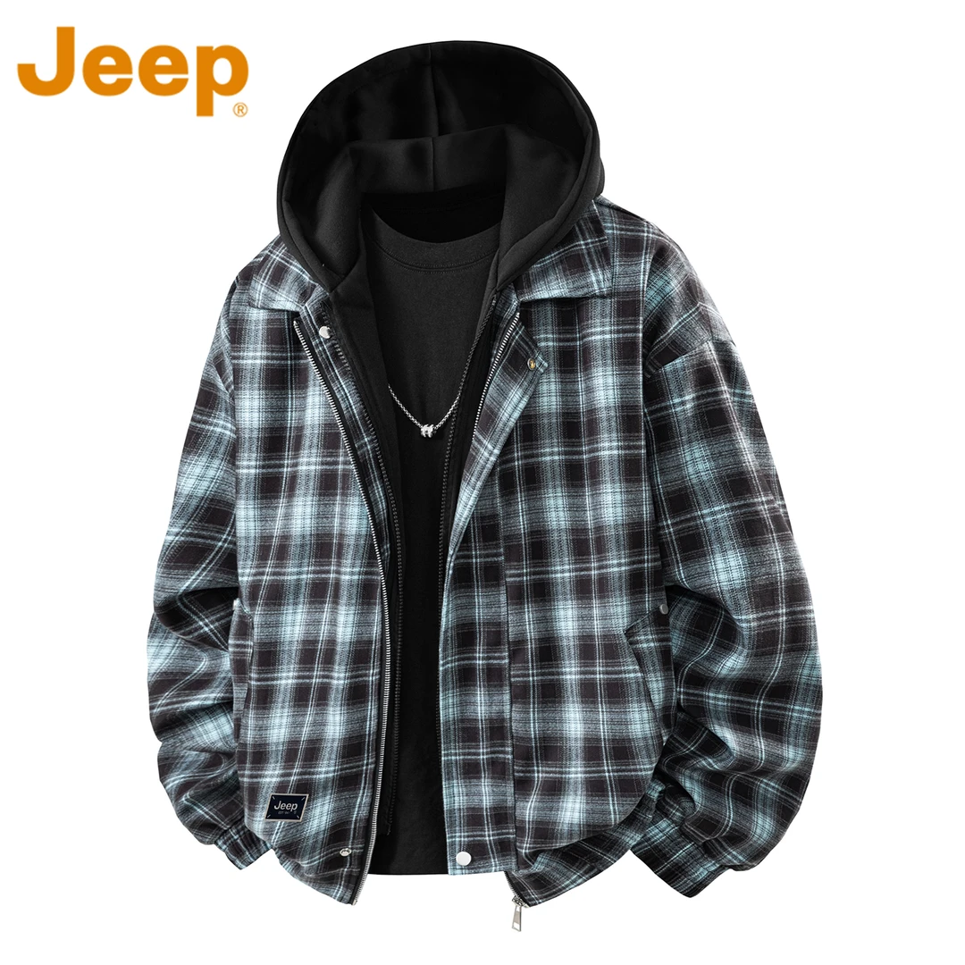 JEEP吉普复古假两件格纹夹克男款秋冬季潮流宽松百搭休闲连帽外套
