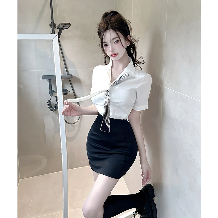 纯欲风性感夏季法式复古短袖气质短袖衬衫上衣包臀裙工衣职业套装