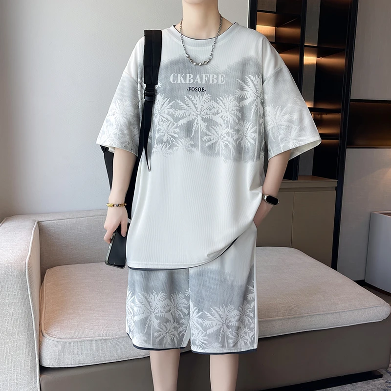2025年夏季男士休闲运动青少年套装薄款宽松百搭短袖t恤印花短裤