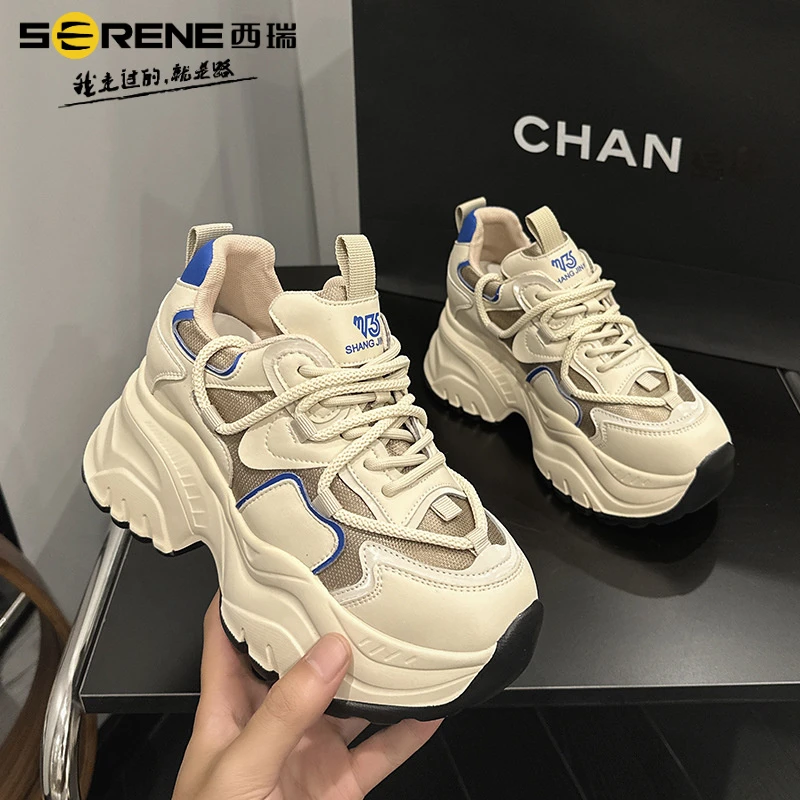 西瑞女鞋增高厚底老爹鞋女秋季新款百搭舒适休闲运动网面韩版