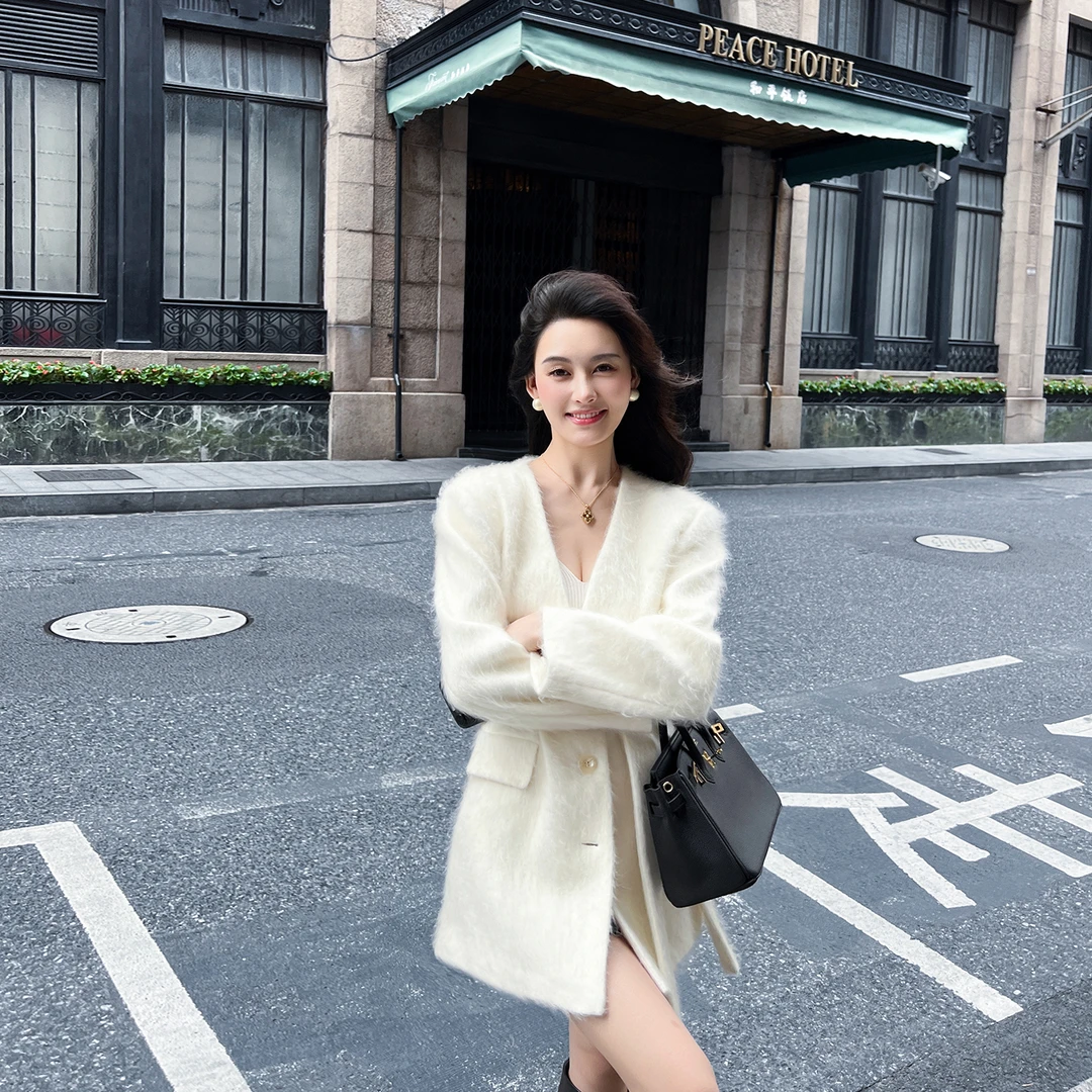 白色双面羊绒大衣女中长款2025冬季韩版高端气质宽松拉毛呢子外套