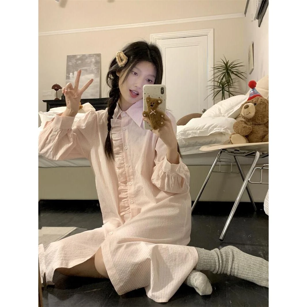 韩系设计感花边衬衫粉色条纹长款睡裙女春秋新款睡衣家居服可外穿