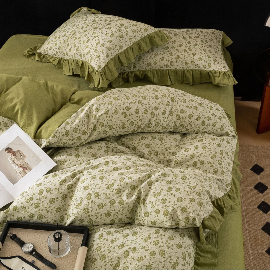 玖寐2025春夏新款田园风60支全棉色织提花双层纱水洗棉花边四件套