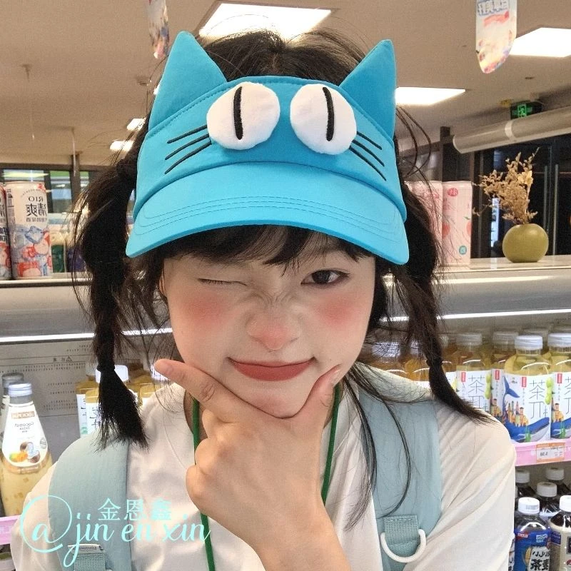 L-01原创!可爱大眼萌猫湖蓝色空顶遮阳帽女生夏季防晒卡通耳朵LW
