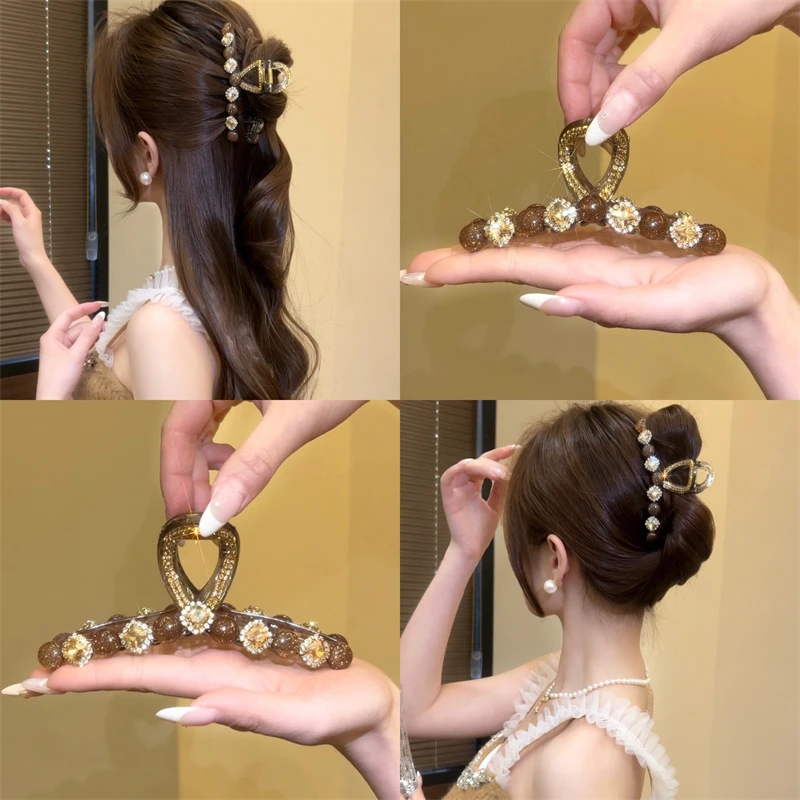 2025新款闪钻猫眼石珠珠发夹百搭气质洋气发卡轻奢鲨鱼夹发饰