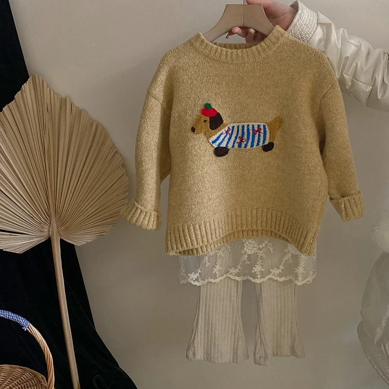 Z-KY027女童韩版可爱腊肠狗毛衣2025春季新款蕾丝拼接裙裤套装潮