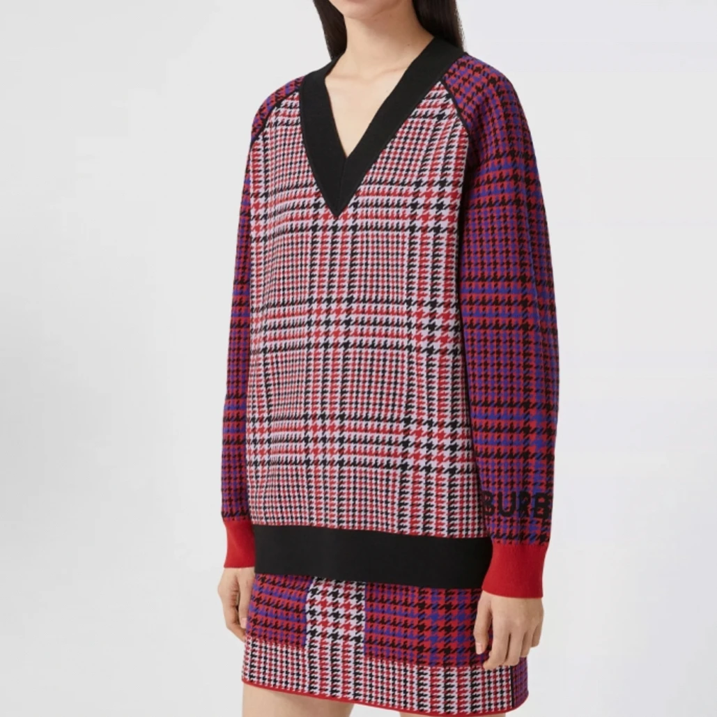 99新 BURBERRY/博柏利 千鸟格V领针织毛衣/XXL码/B01644