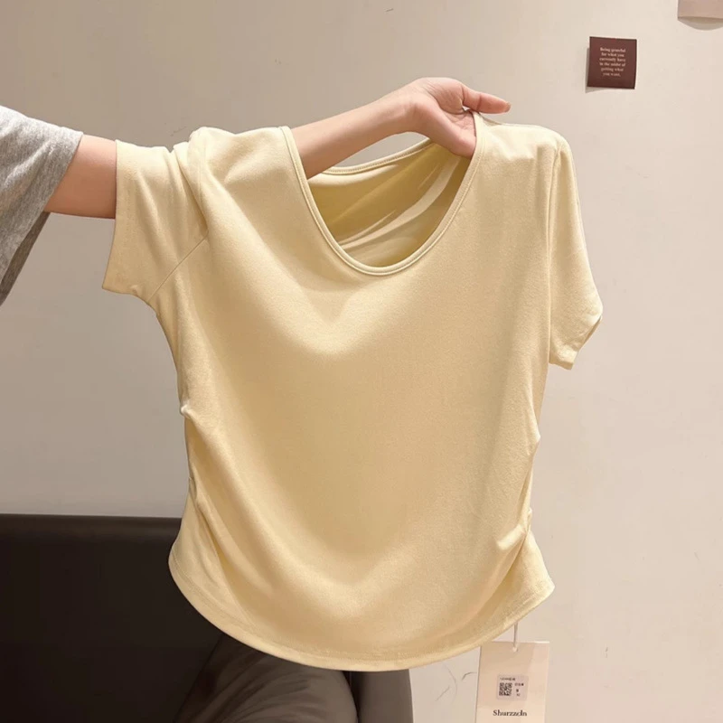 纯色低领露锁骨正肩短袖恤女夏季小个子甜辣妹褶皱收腰短款上衣