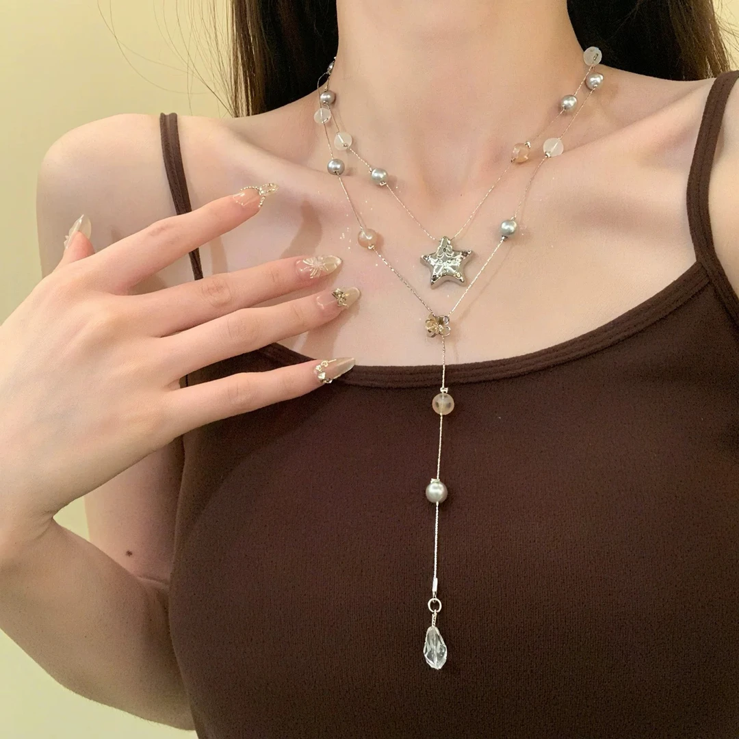 铜合金仿珍珠项链 甜酷y2k双层星星串珠项链长款个性辣妹叠戴颈链