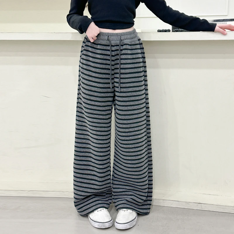 女童经典细条纹休闲阔腿裤垂顺显瘦2025春新款中大童裤子百搭时尚