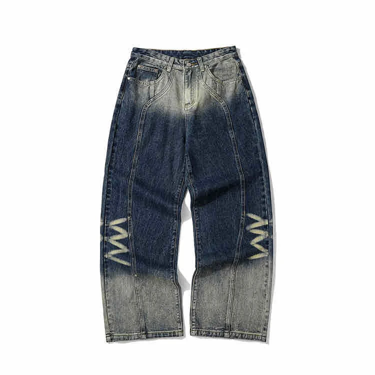 【无惧】美式复古水洗渐变柳丁牛仔长裤百搭宽松情侣潮流直筒裤
