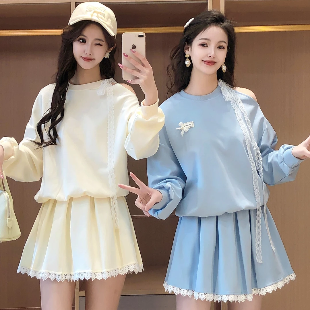 艾日秀韩版慵懒风短款圆领休闲卫衣蕾丝拼接半身裙两件套 E8641