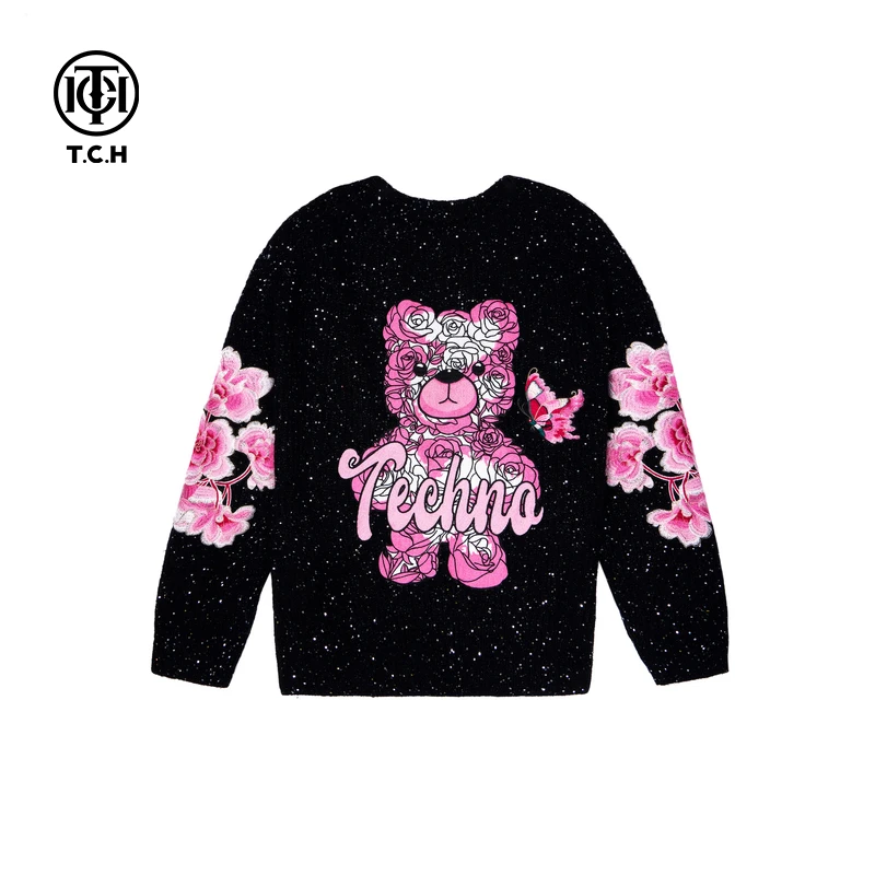 潮牌-TCH满天星烫钻花卉小熊百搭休闲圆领毛衣针织衫T72C098041
