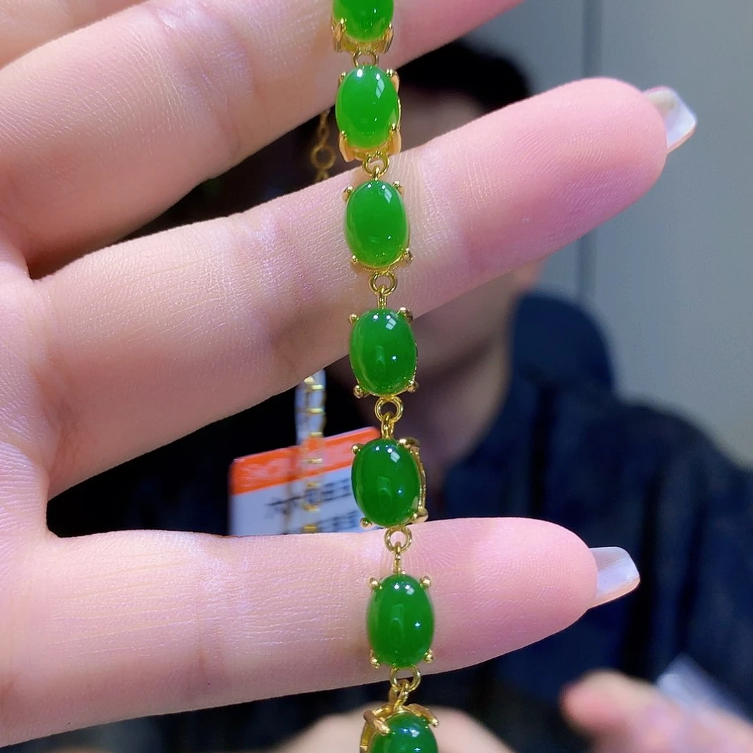 手链银S925镀金镶嵌和田玉（碧玉）