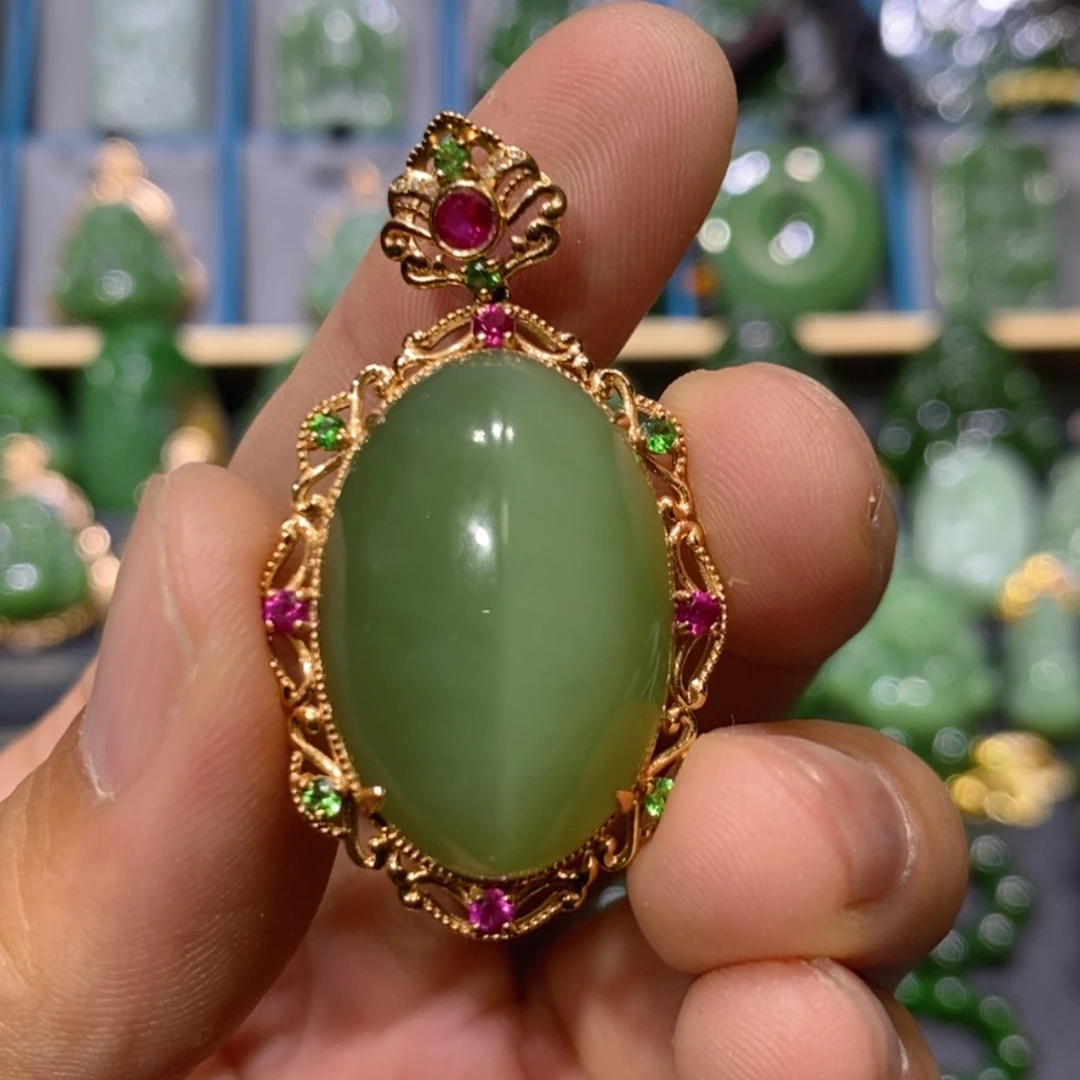 【闪购商品】和田玉吊坠(不含链)18K金镶嵌粉青猫眼蛋面 26.5