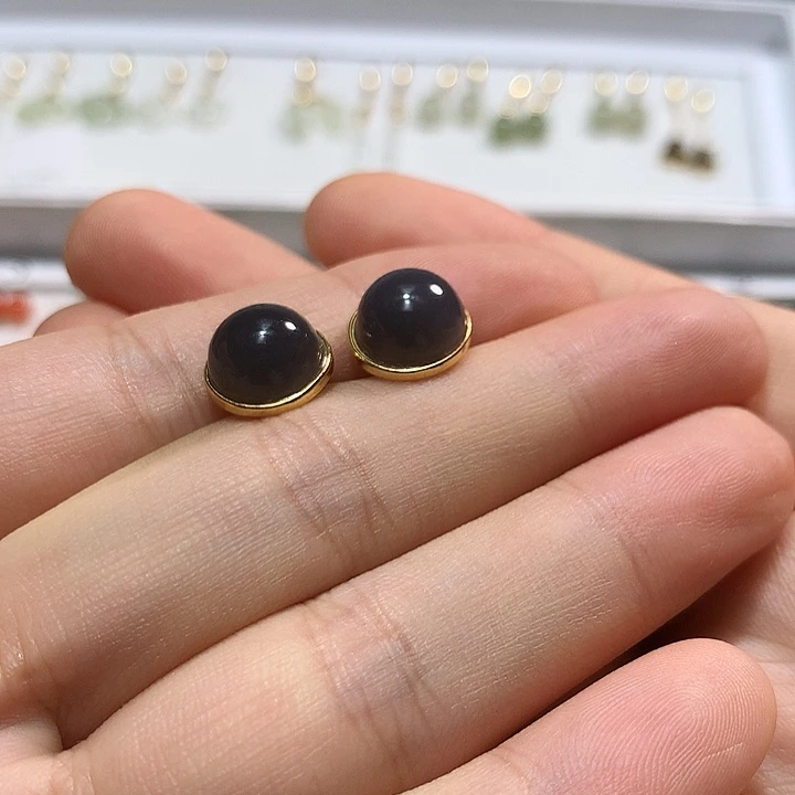 银S925镀金镶嵌和田玉（白玉）耳饰୧****