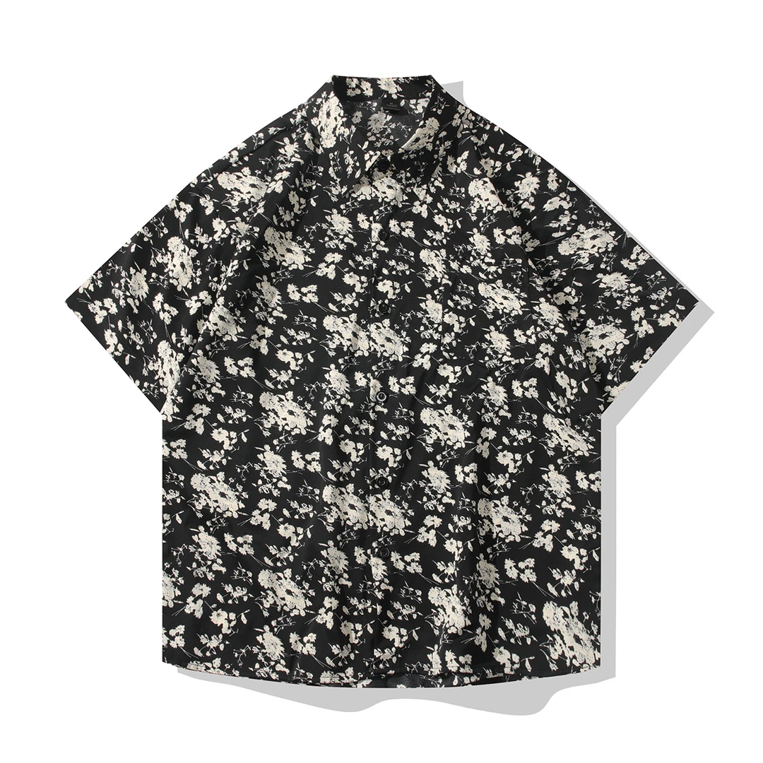 夏季复古港风冰丝短袖男士小众设计感衬衣潮流痞帅宽松大码花衬衫