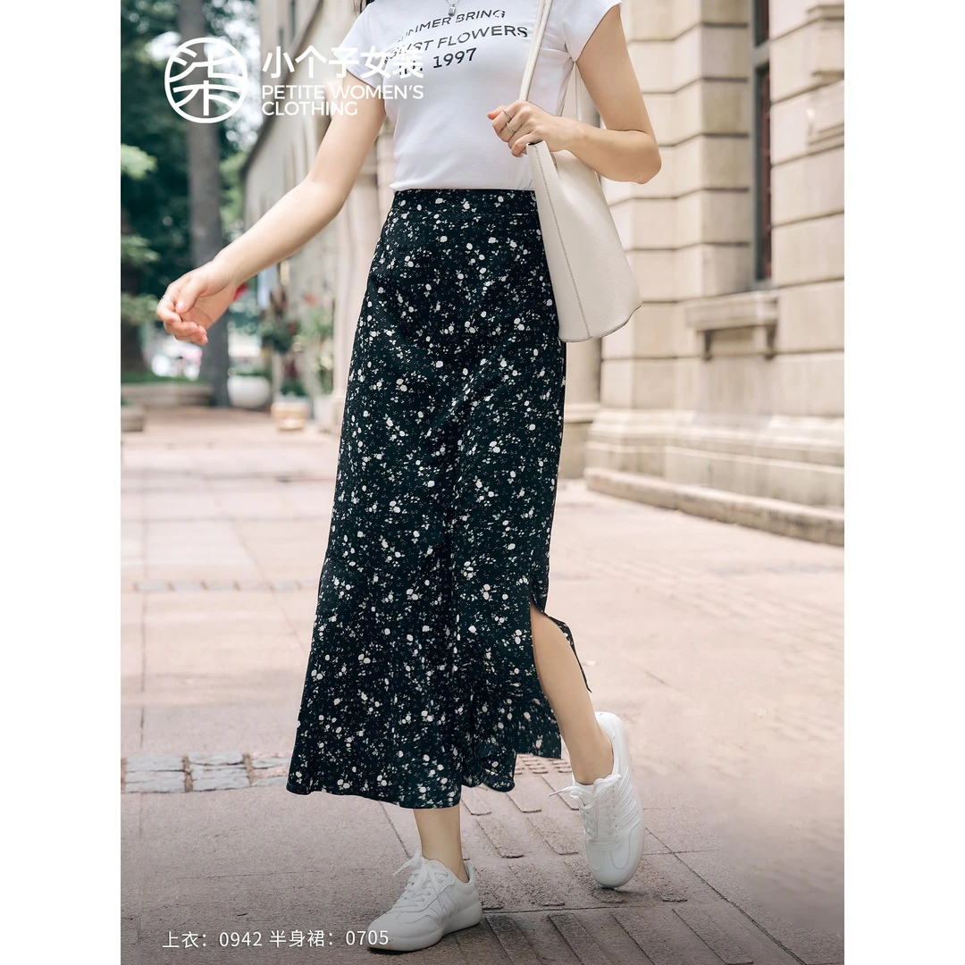 【柒量一裁】0705小个子清新碎花侧边开叉黑色半身裙时尚百搭长裙子
