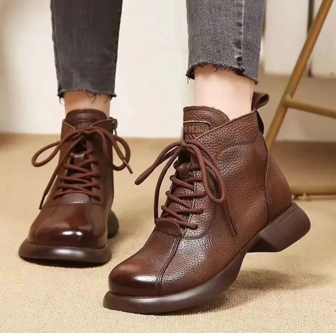 真皮荔枝纹圆头粗跟休闲英伦风马丁靴系带复古防滑软底女鞋