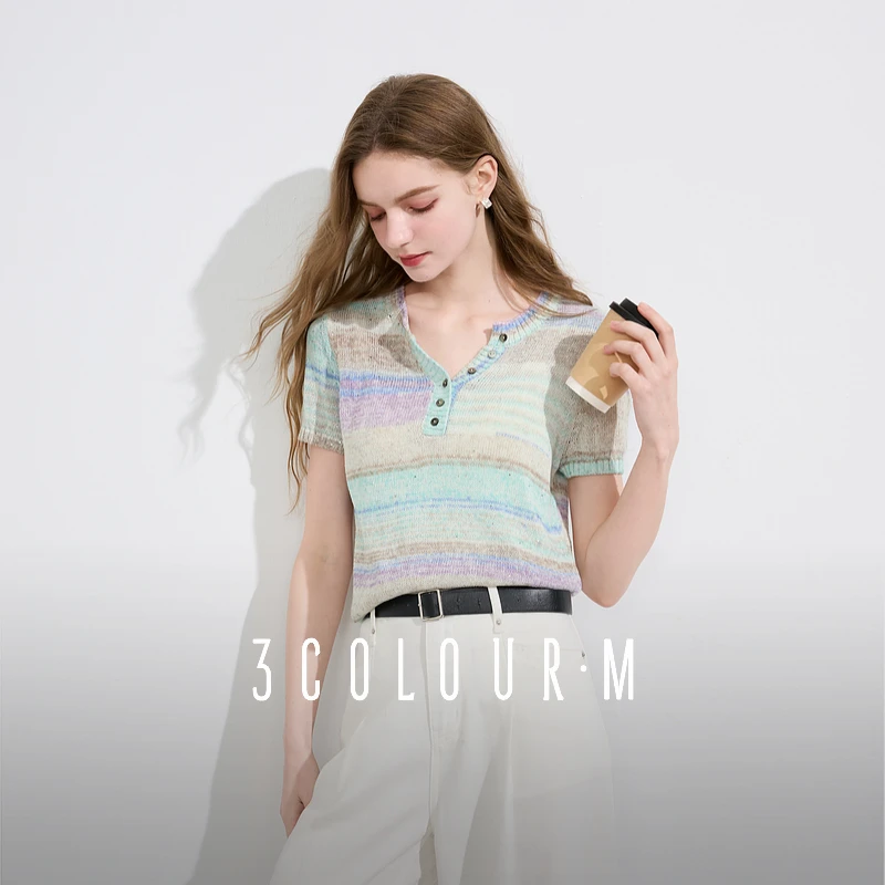【艾美专属】0273三彩2025夏季新款条纹针织衫亮片V领短袖上衣dbq