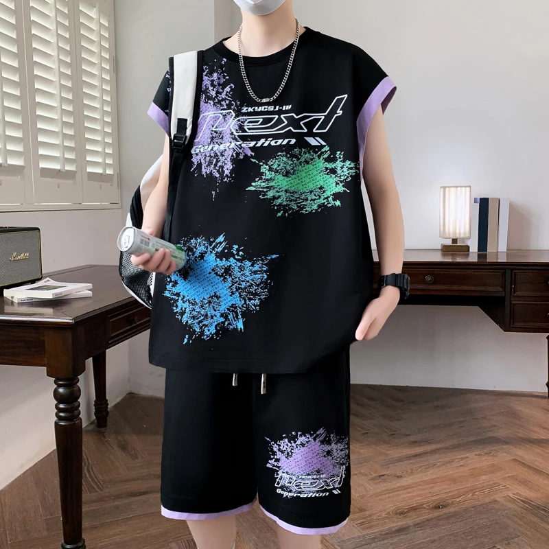 男士无袖t恤潮牌夏季宽松薄款休闲套装青少年初高中学生运动衣服