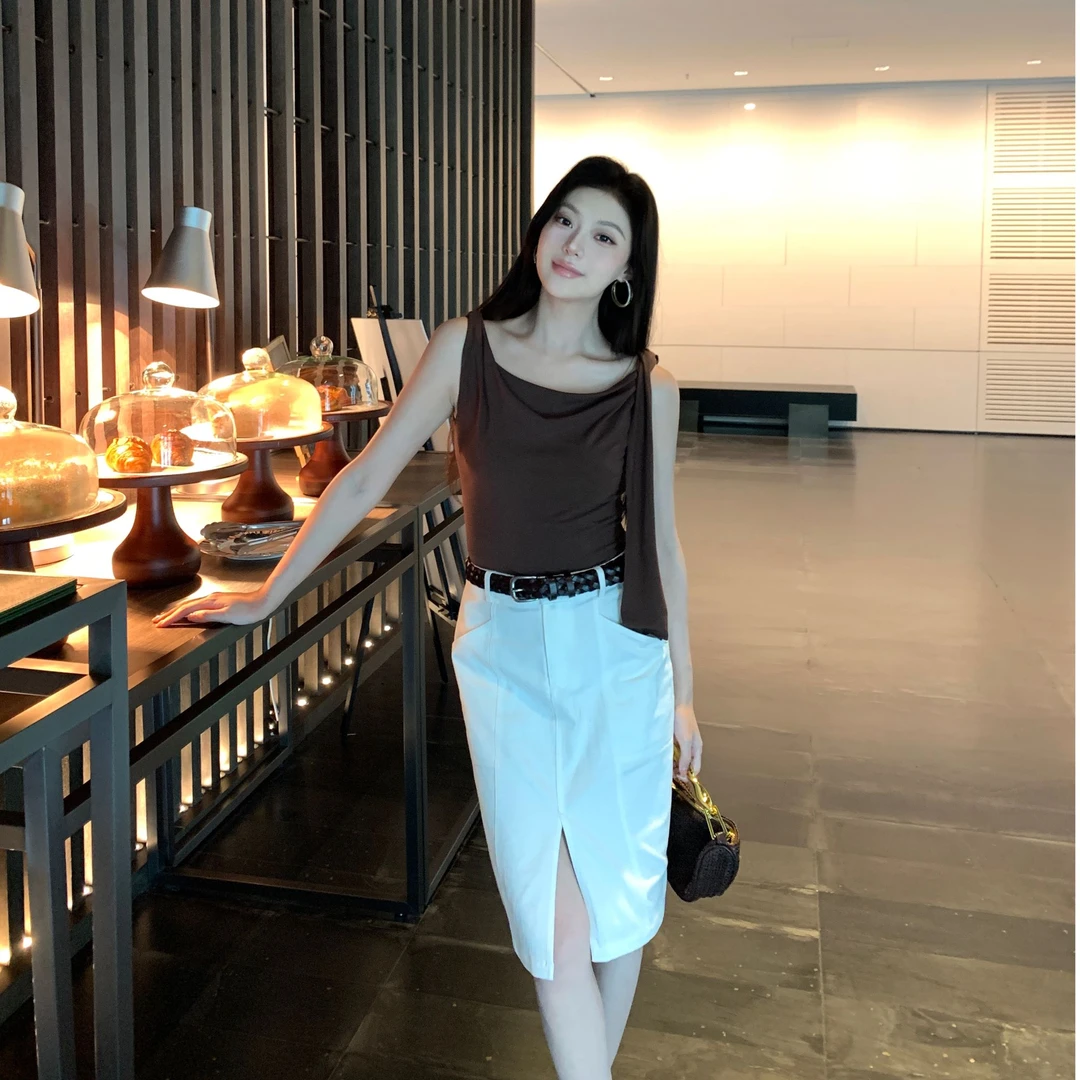 现货 JINY 静一｜【蝴蝶心事】蝴蝶结绑带露肩t恤女夏季修身斜肩无袖