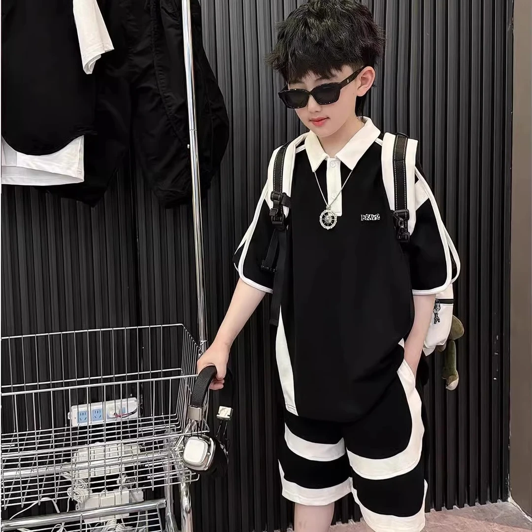 男童夏季套装2025新款中大童时尚黑白拼接短袖polo衫短裤两件套潮